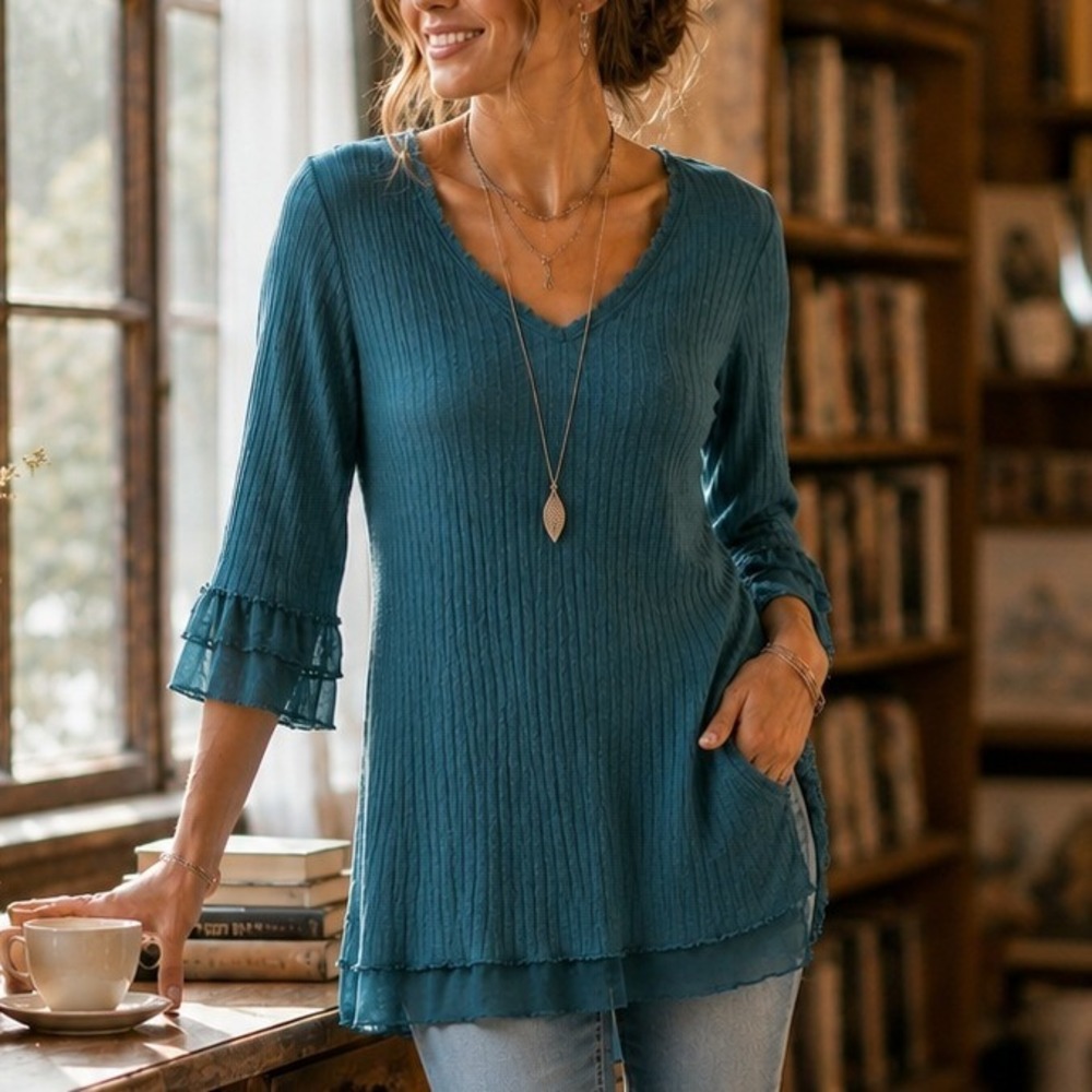 Soft Surroundings Teal Ribbed Tunic Top Ruffle Hem Boho PM Petite Coastal Artsy